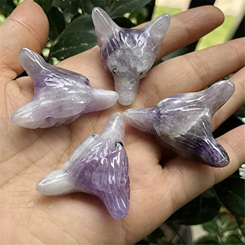 Fekuar Handcarved Amethyst Wolf Head Statue, Healing Crystal Animal Carving Figurine Ear Drilled Sculpture Decoration 1.3"