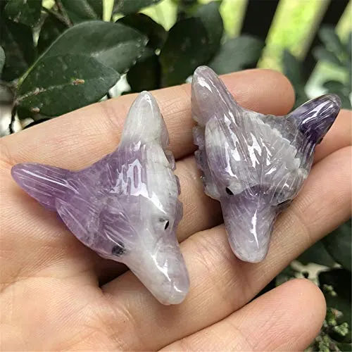 Fekuar Handcarved Amethyst Wolf Head Statue, Healing Crystal Animal Carving Figurine Ear Drilled Sculpture Decoration 1.3"