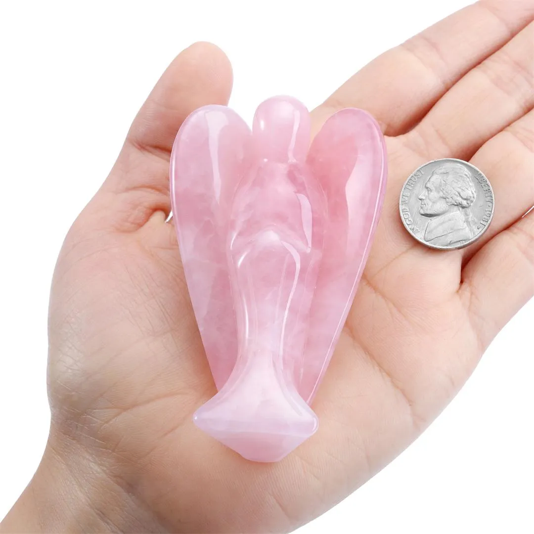 Jovivi Rose Quartz Crystal Angel Figurine Natural Gemstone Hand Carved Pocket Peace Guardian Angel Statue Reiki Healing Crystals 3" Desk Ornament Home Decorations