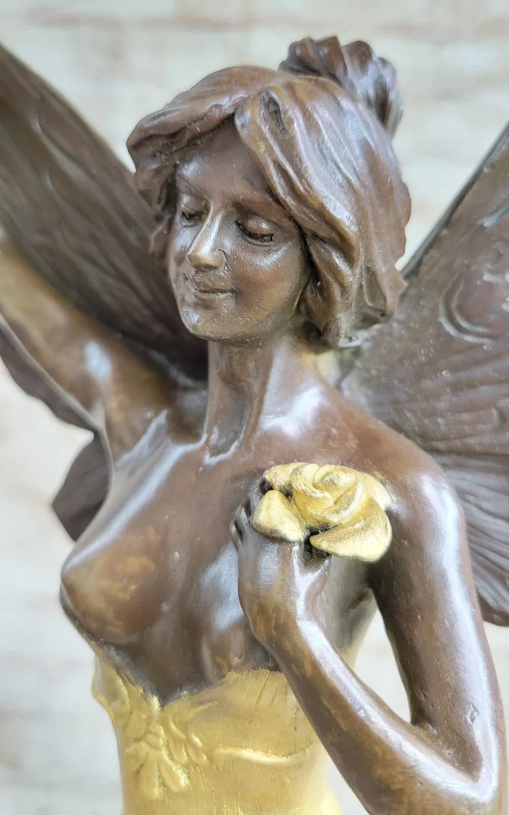 Sexy Winged Angel Fairy Girl w/ Gold Accent Bronze Statue Sculpture Figure