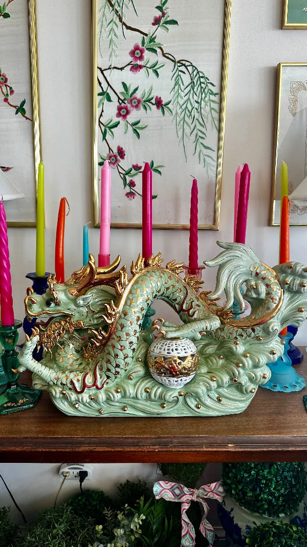 Vintage Dragon Figurine, Green with Gold Accents, Extra Large, Asian Chinoiserie, Glazed Ceramic