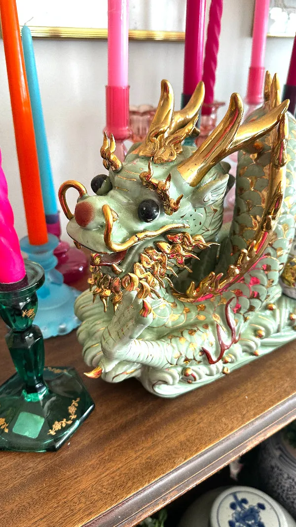 Vintage Dragon Figurine, Green with Gold Accents, Extra Large, Asian Chinoiserie, Glazed Ceramic