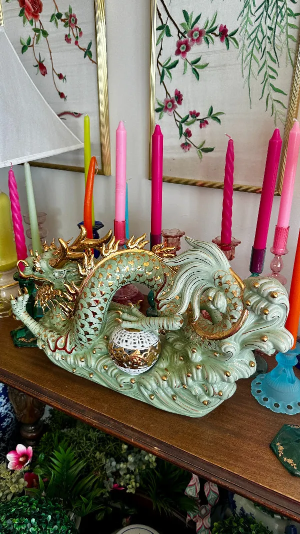 Vintage Dragon Figurine, Green with Gold Accents, Extra Large, Asian Chinoiserie, Glazed Ceramic