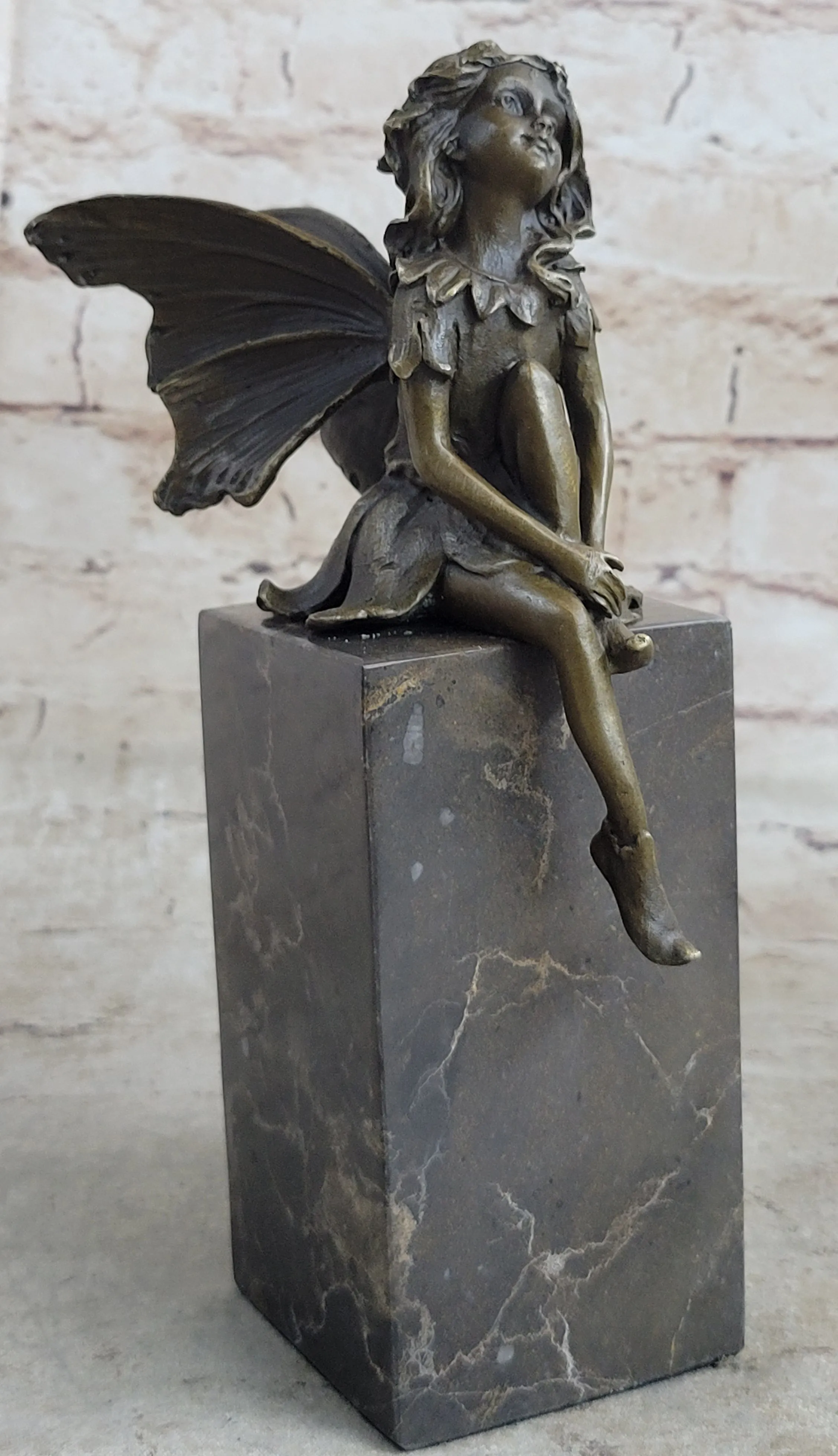 Young Child Winged Fairy Angel Bronze Sculpture Statue Figure on Marble Base