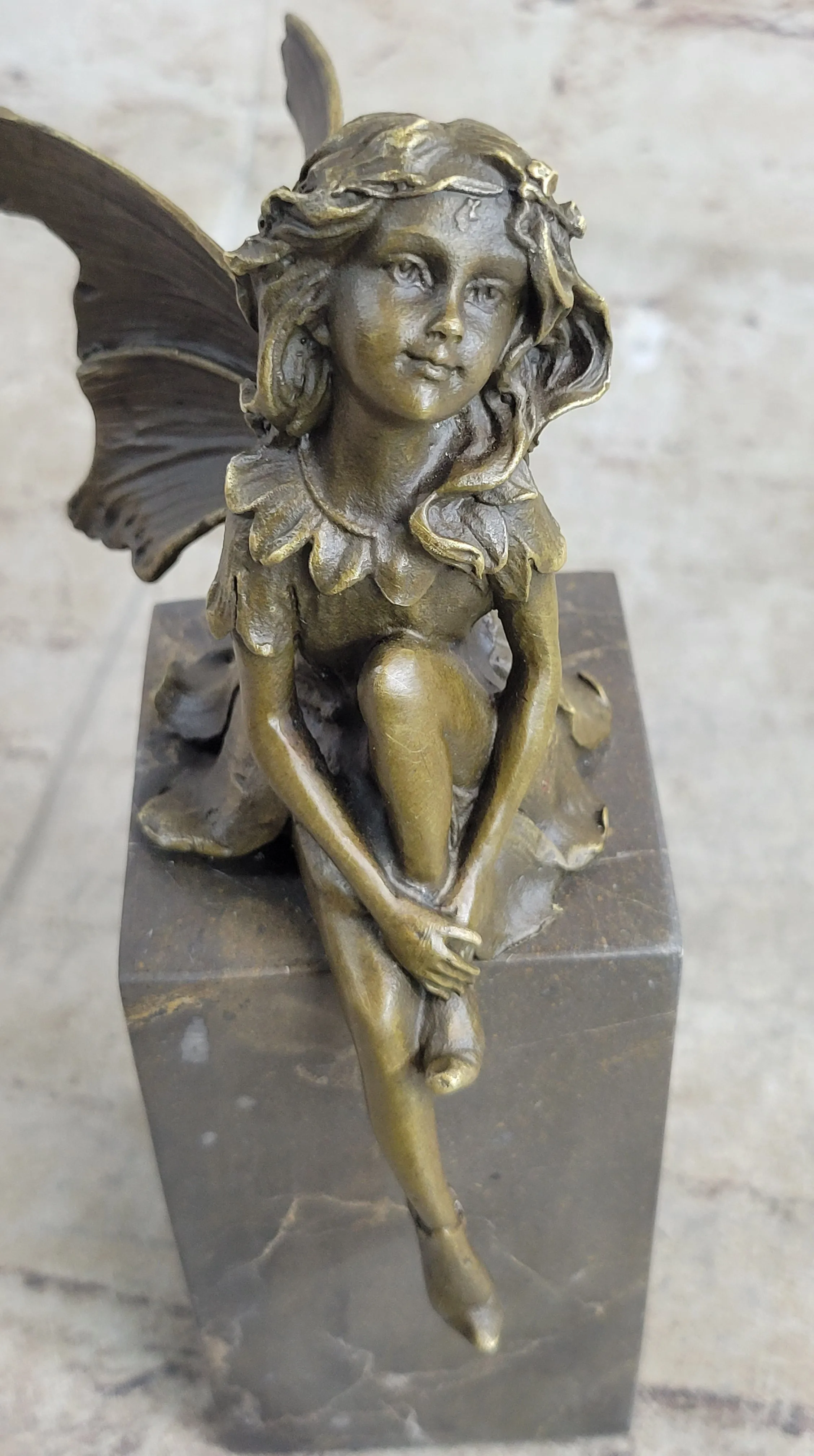 Young Child Winged Fairy Angel Bronze Sculpture Statue Figure on Marble Base