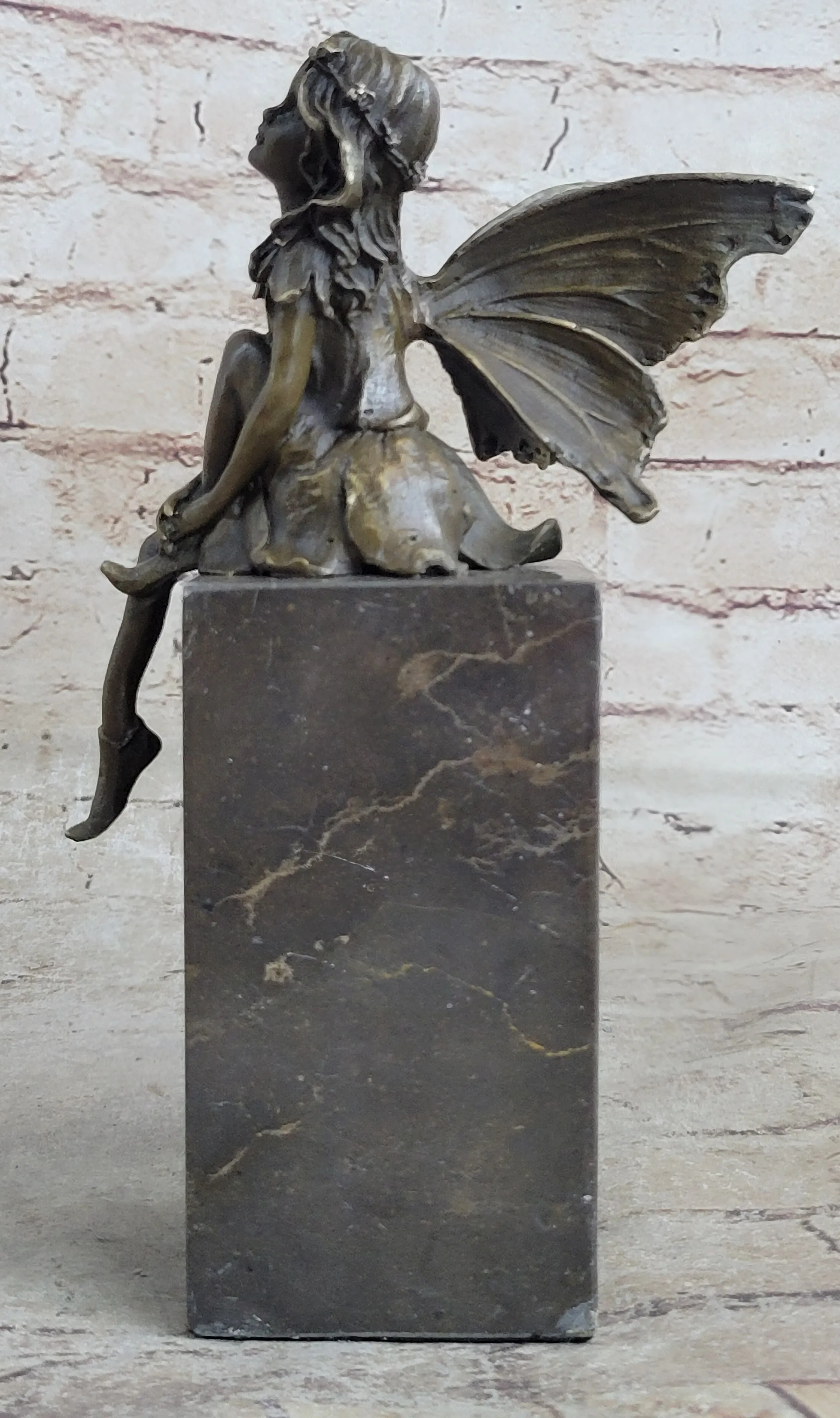 Young Child Winged Fairy Angel Bronze Sculpture Statue Figure on Marble Base