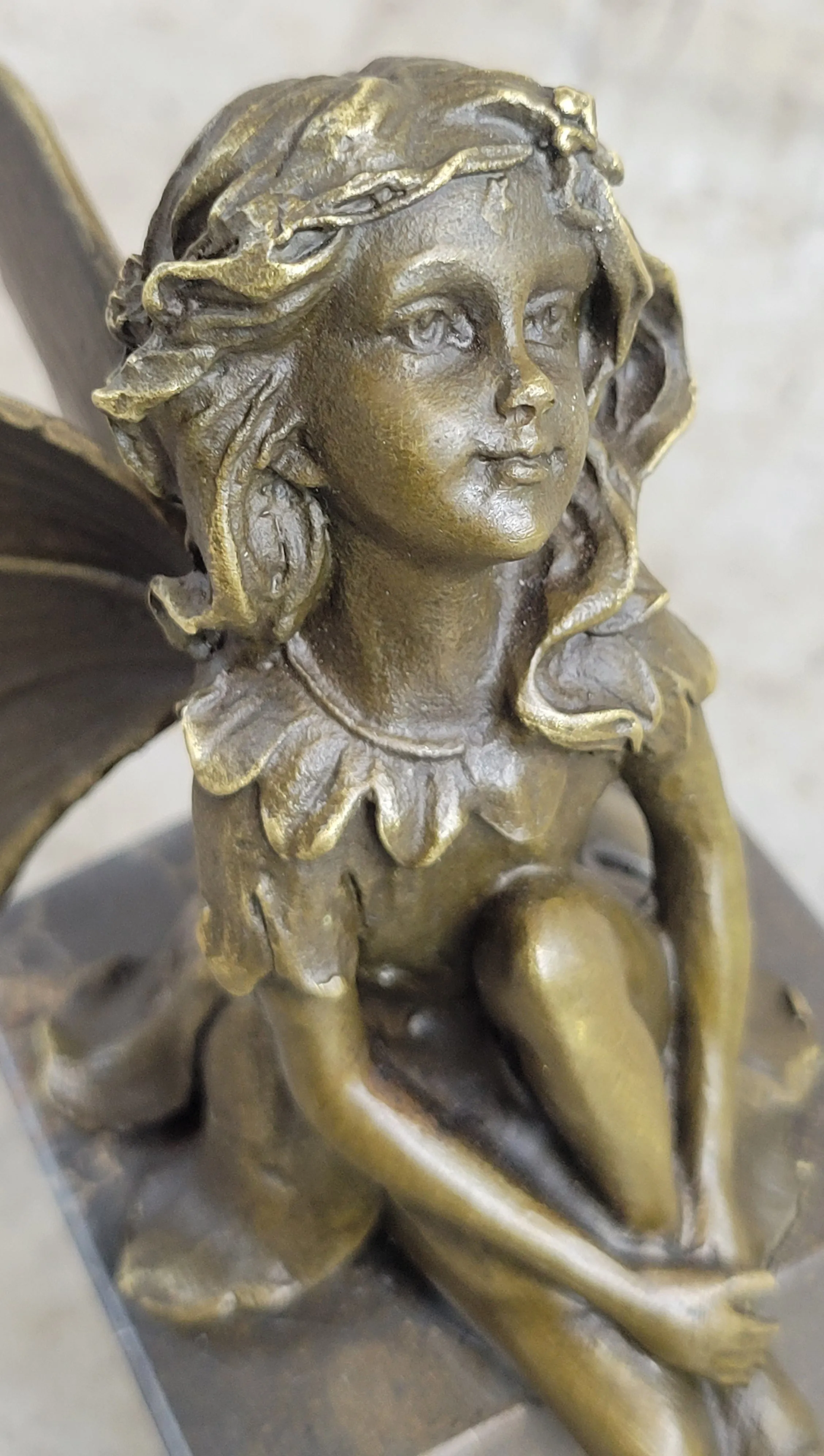 Young Child Winged Fairy Angel Bronze Sculpture Statue Figure on Marble Base