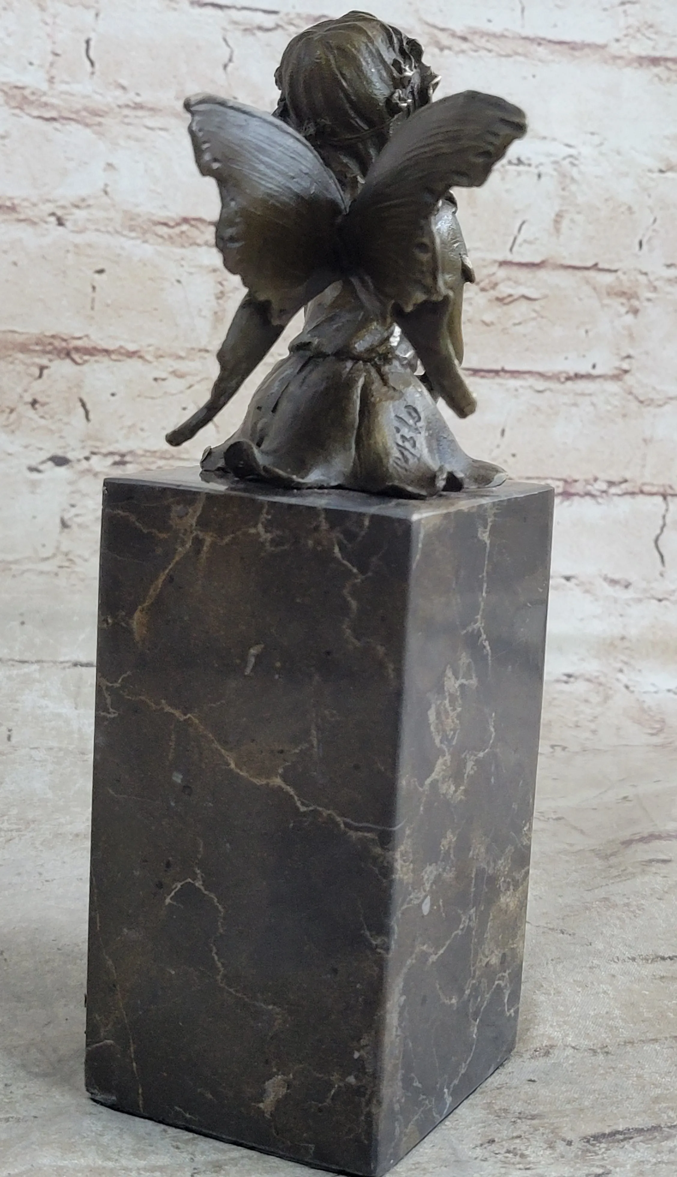 Young Child Winged Fairy Angel Bronze Sculpture Statue Figure on Marble Base