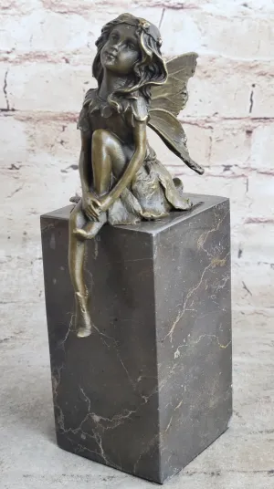 Young Child Winged Fairy Angel Bronze Sculpture Statue Figure on Marble Base