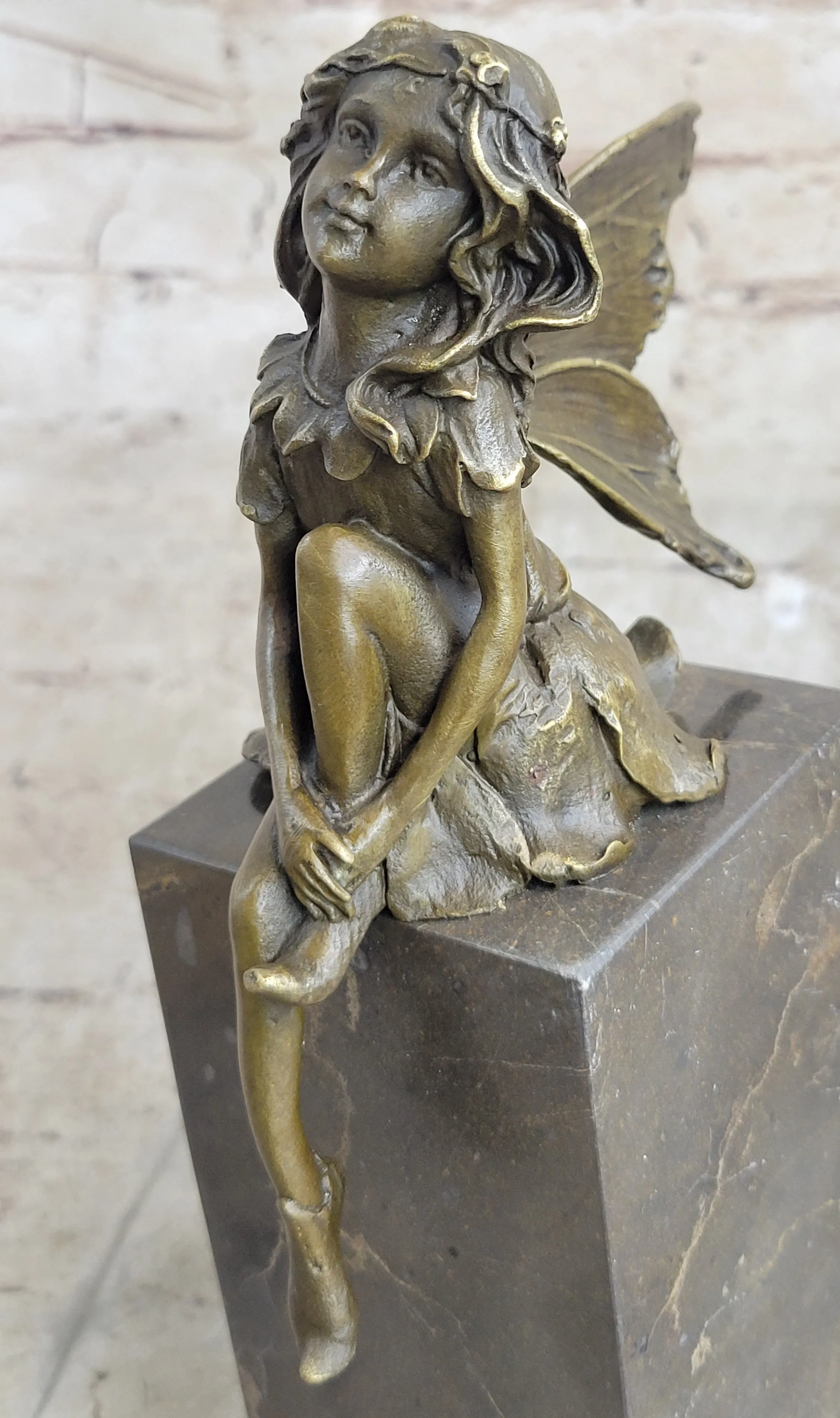 Young Child Winged Fairy Angel Bronze Sculpture Statue Figure on Marble Base